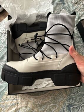 VIC MATIE Chunky Leather Sock Boot in Taupe and Black